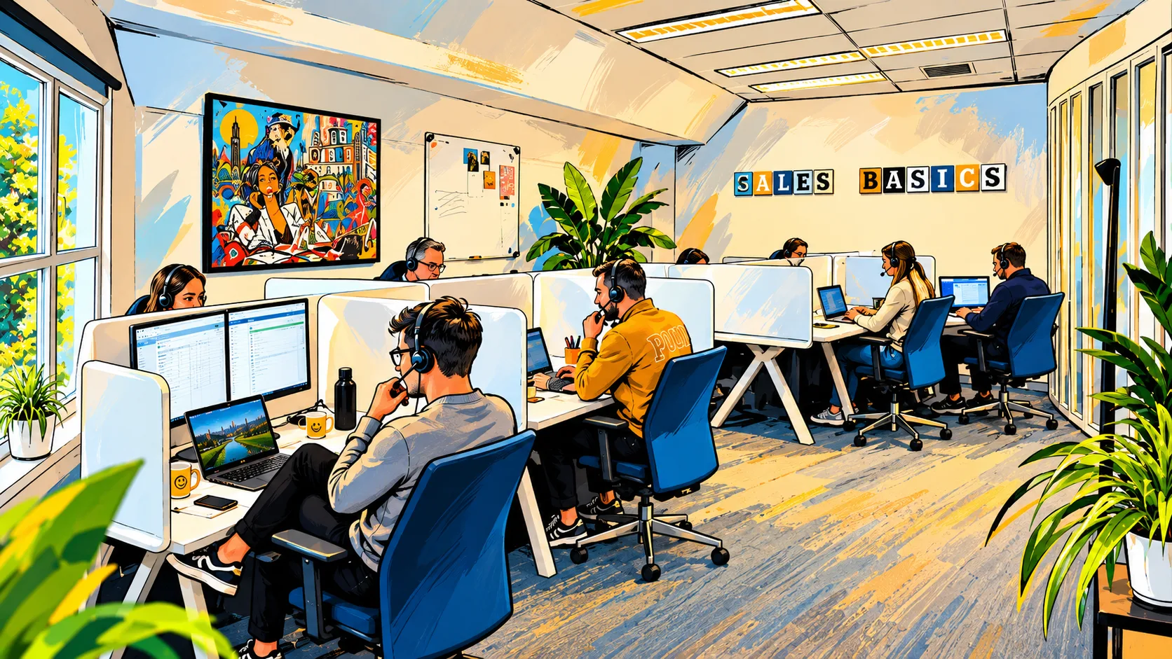 Gestileerde impressie van een SalesBasics-belsessie met accountmanagers die bellen